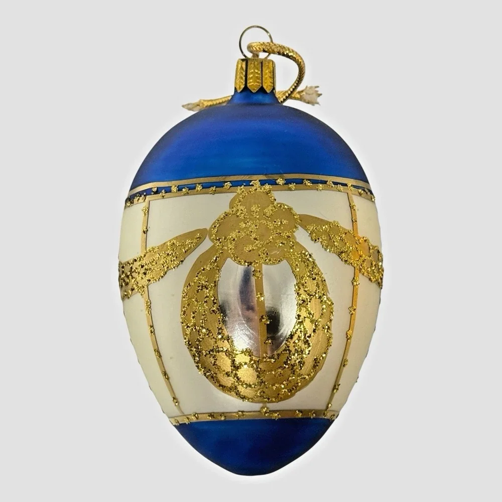 Whitehurst Germany Hand Painted Egg Blue White Gold Glass Ornament 4